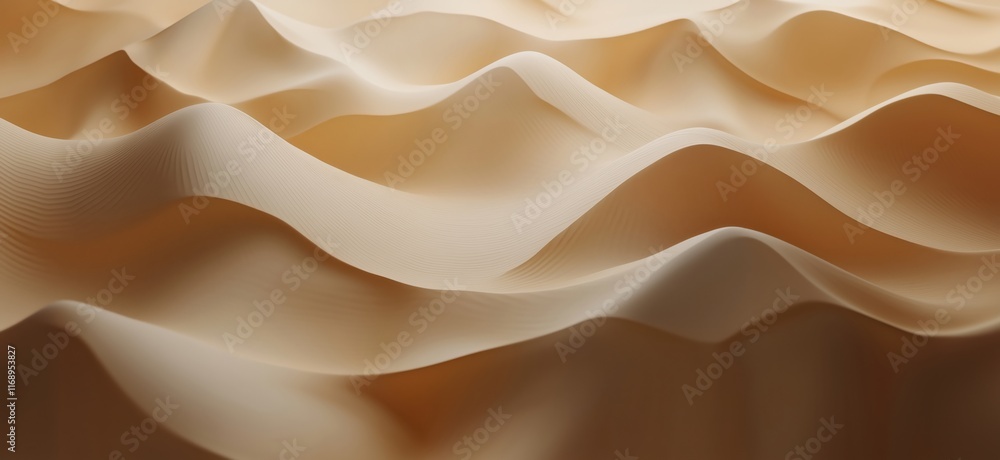 Poster Abstract wavy patterns in soft beige tones creating a serene and fluid visual experience, resembling sand dunes or fabric folds, copy space for text