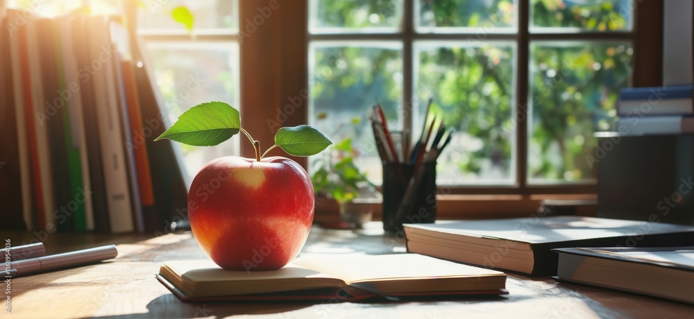 Poster Red apple on open book with sunlight streaming through window, surrounded by stationery and books, creating a serene study atmosphere, copy space for text