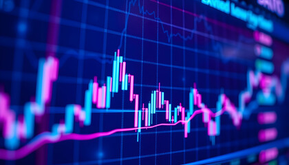 stock market chart, neon colors, pink and blue glow, financial data visualization, digital trading graph, candlestick pattern, abstract background, futuristic display, economic trends, data analysis, 