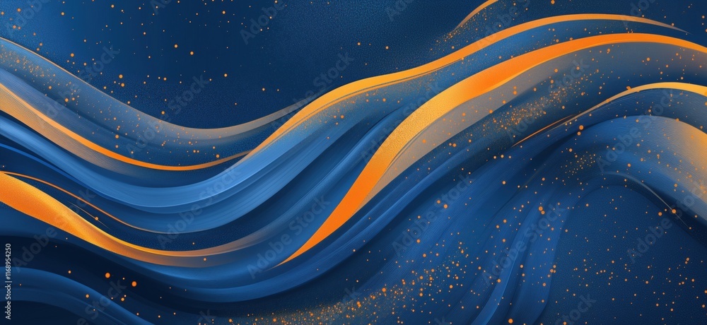 Poster abstract waves in blue and orange hues with textured background and dynamic flow, creating a sense o