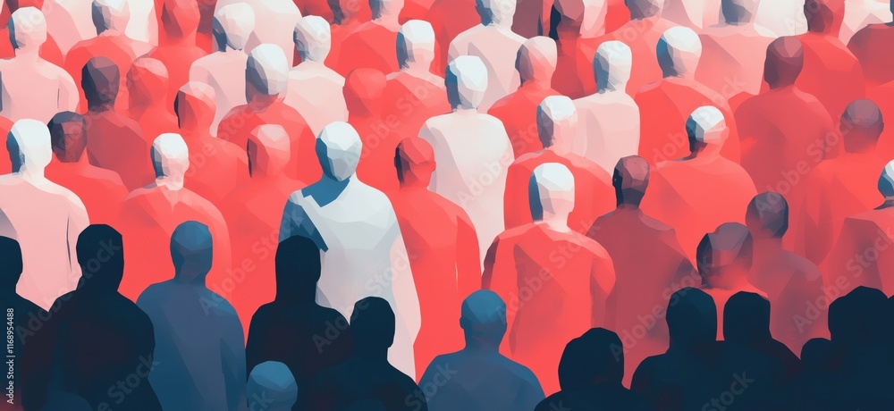 Poster crowd of abstract figures in red and blue tones representing diversity and unity, copy space for tex