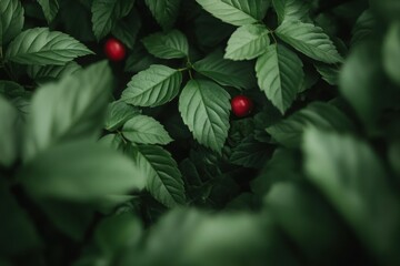Fototapeta premium Fresh green leaves with ripe red berries hidden in a lush forest during late summer