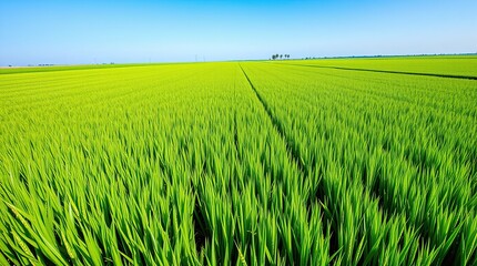 Fototapeta premium Lush Green Rice Paddy Field Under A Clear Blue Sky