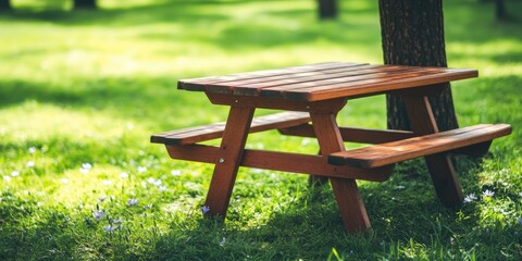 Naklejka premium Rustic wooden picnic table in a serene green park