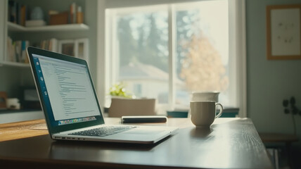 Fototapeta premium cozy home office with wooden desk, laptop, and coffee cup