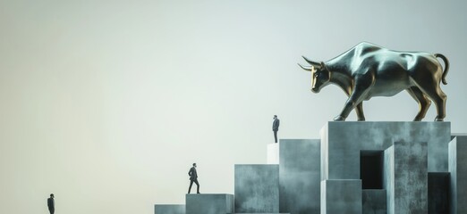 Bull Market Symbolism with Business Figures on Steps Representing Financial Growth and Investment Success, copy space for text