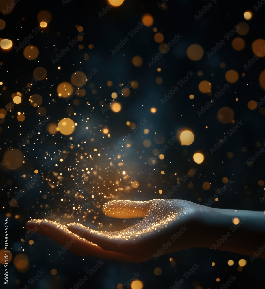 Poster glowing hand with sparkling particles and bokeh effect, captivating light display, magical atmospher