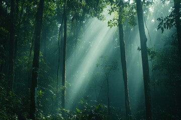 Obraz premium Sunbeams Illuminate a Lush Green Forest Canopy