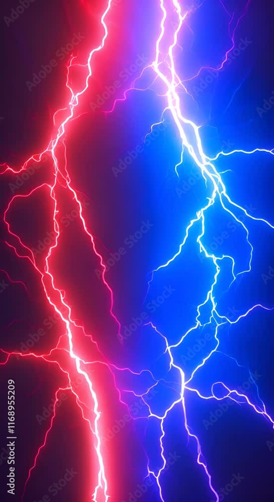 Poster flashing collision red and blue background versus footage seamless loop powerful colored lightnings 