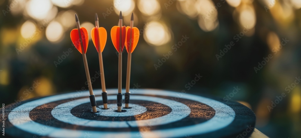 Poster darts with heart-shaped tips on bullseye target in soft focus background, copy space for text