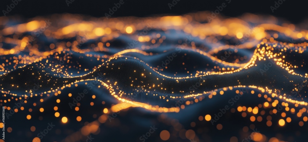 Poster abstract glowing wave patterns with luminous particles creating a mesmerizing visual effect in dark 