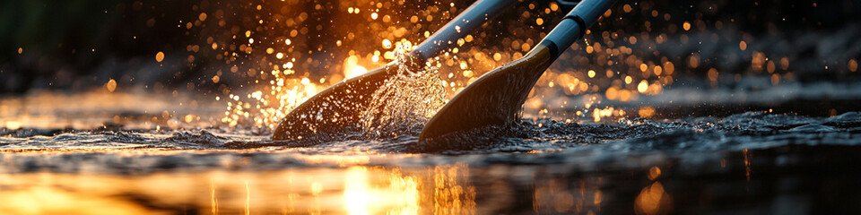 A close-up of a rowing boat's oars dipping into the water, capturing textures and motion under natural lighting
