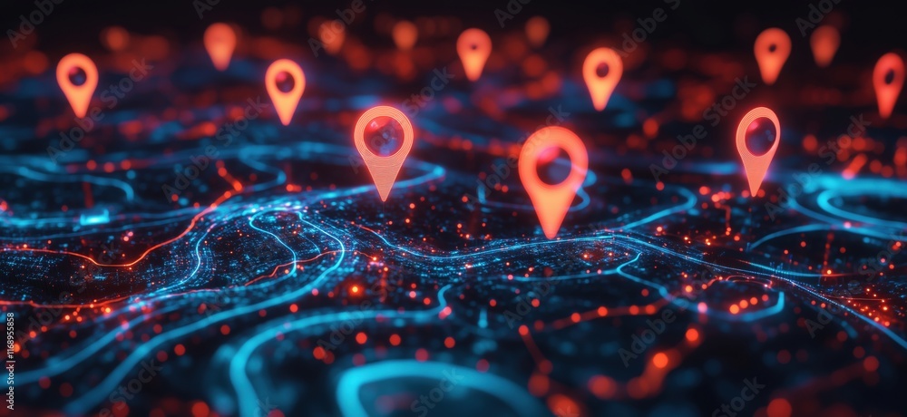 Poster digital map with glowing location pins, representing navigation, geolocation, and data visualization