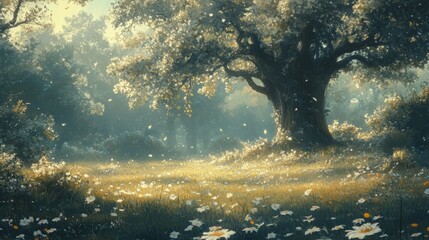 Obraz premium Enchanting Spring Meadow with Ancient Oak Tree