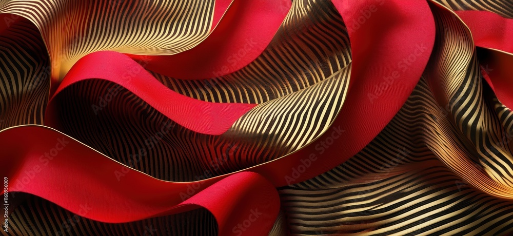 Poster elegant flowing fabric with red and gold stripes, showcasing intricate patterns and textures, perfec