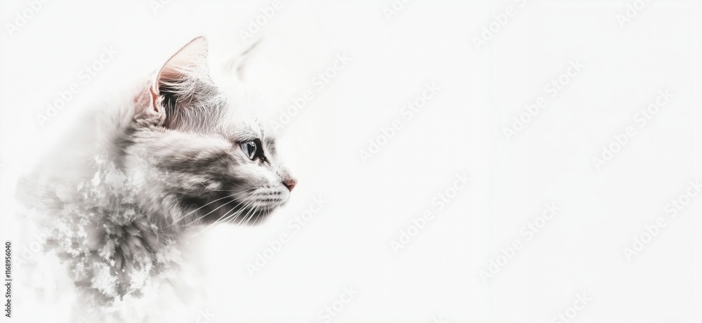 Poster white cat profile with soft focus and snow-like background, showcasing serene expression and delicat