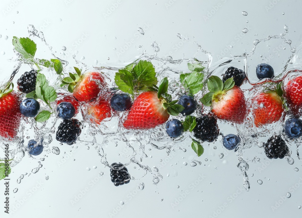 Aufkleber fresh strawberries and berries splashing in clear water, capturing vibrant colors and refreshing jui
