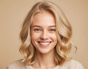 Fototapeta premium A close-up portrait of a young woman with blonde hair and a bright smile against a beige background