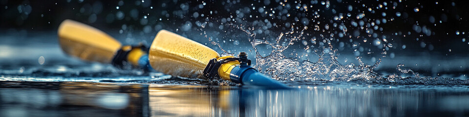 A close-up of a rowing boat's oars dipping into the water, capturing textures and motion under natural lighting