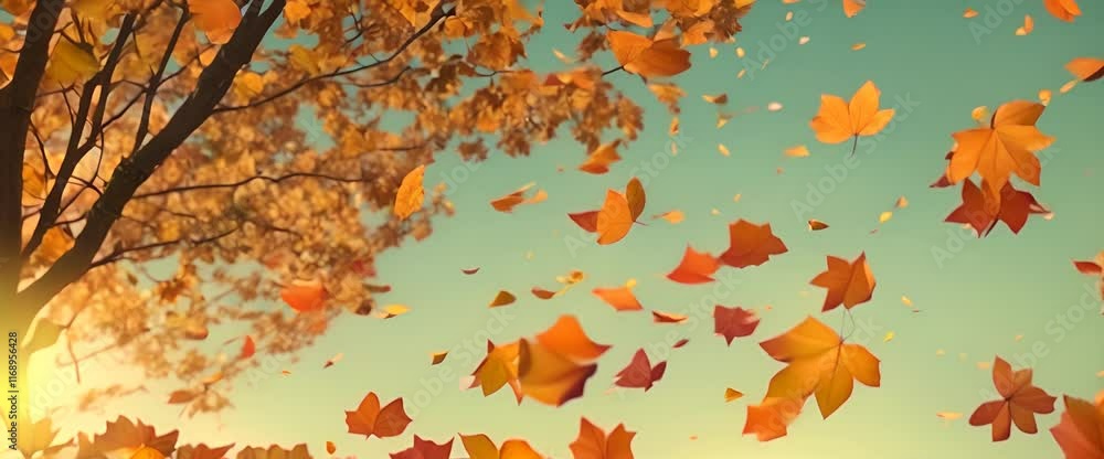 Poster falling autumn leaves animation video with a green screen background orange leaves flutter down fall