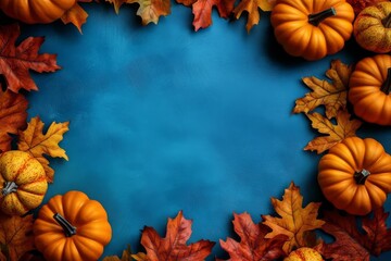 Festive blue backdrop featuring pumpkins and fall foliage for Thanksgiving.