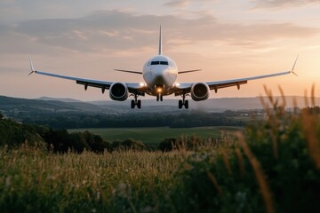 An airplane approaches landing against a stunning sunset over green fields, creating a dramatic yet serene image that captures the essence of travel and exploration.