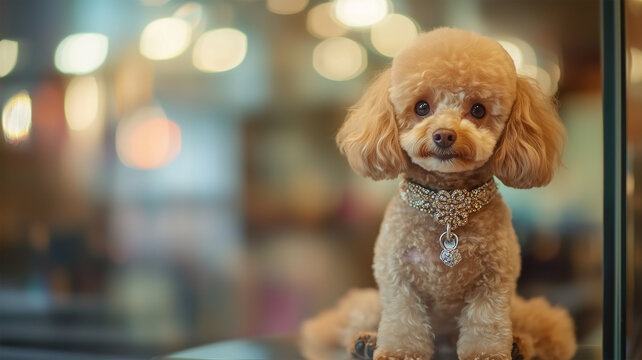 ガラスケースに展示されたトイプードルと高級リード