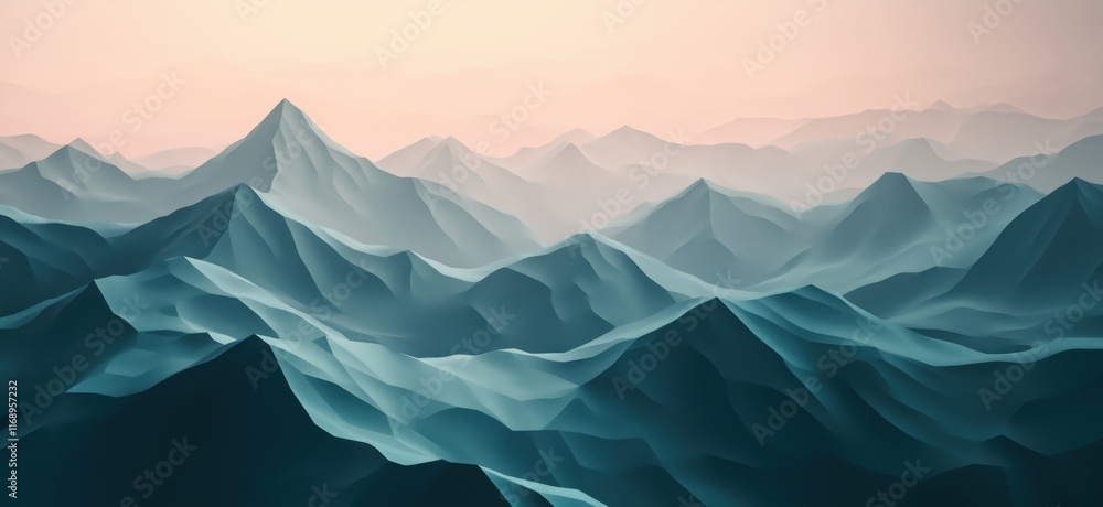 Poster abstract mountain landscape with layered peaks and soft pastel colors, showcasing depth and tranquil