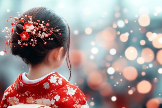 A Japanese girl with her hair styled in a bun, adorned with kanzashi hairpins, during a traditional festival