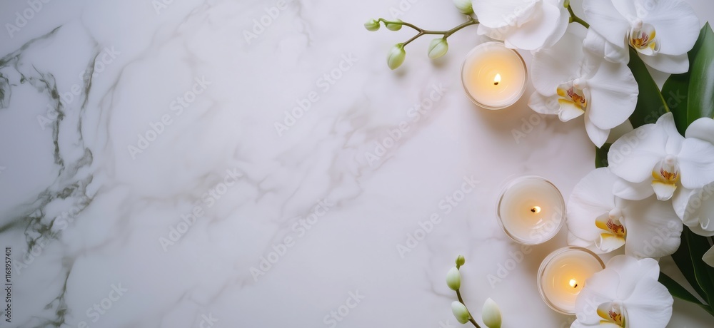 Poster elegant white orchids and candles on marble surface, creating a serene and calming atmosphere for re