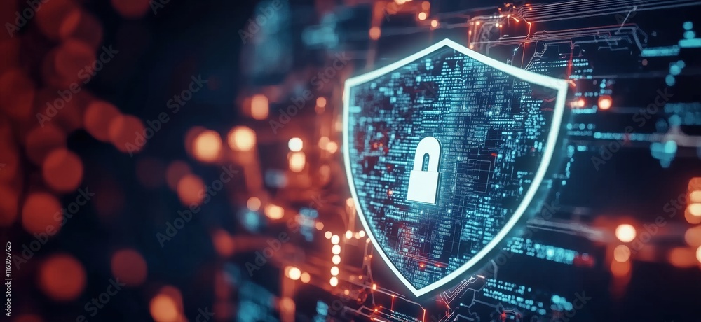 Poster digital security shield with padlock symbol representing cybersecurity, data protection, and technol