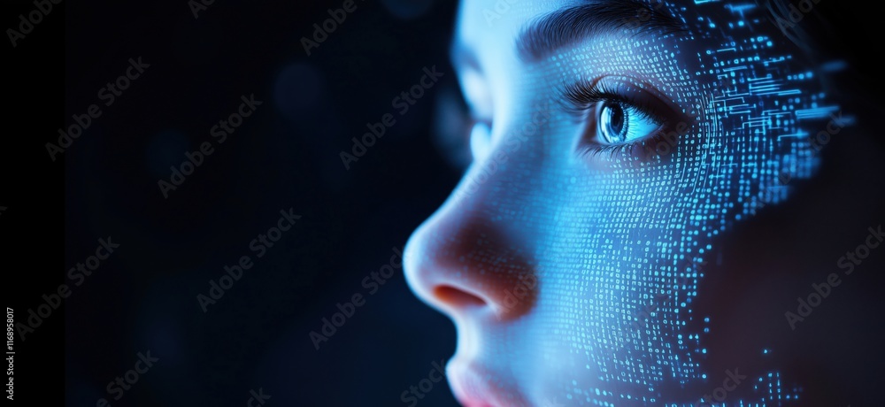 Poster digital face projection showcasing intricate data patterns on a young woman's profile, symbolizing t