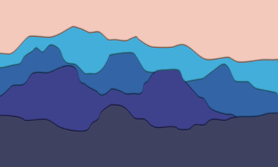 A layered abstract illustration of blue and purple mountains against a peach sky, showcasing a minimalist and tranquil landscape design.