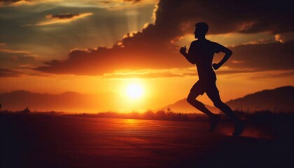 Silhouette of an athlete running against a blurred sunset