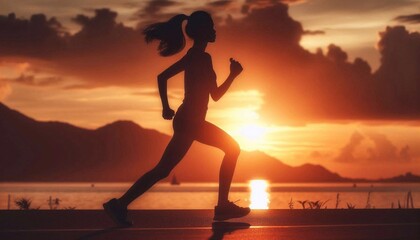 Silhouette of an athlete running against a blurred sunset