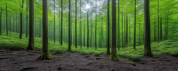 Lush green forest with sunlight filtering through trees