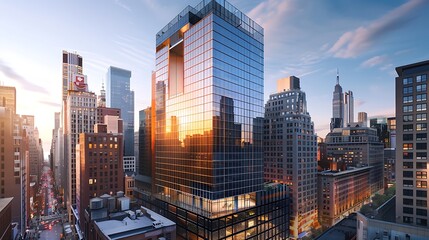 Obraz premium skyscraper in bustling business district with towering glass windows