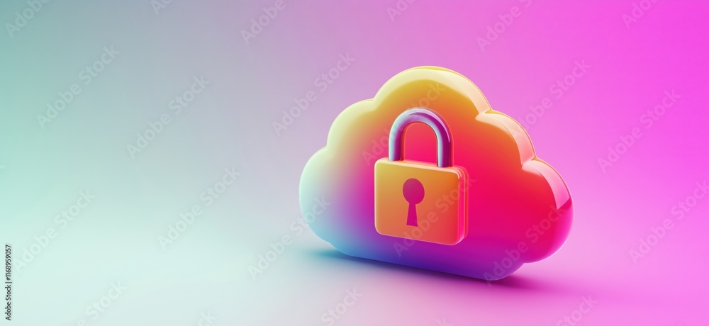 Poster cloud security symbol featuring colorful cloud with padlock, representing data protection and privac