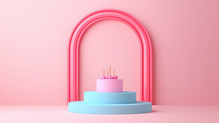 Colorful cake display with candles and decorative arches