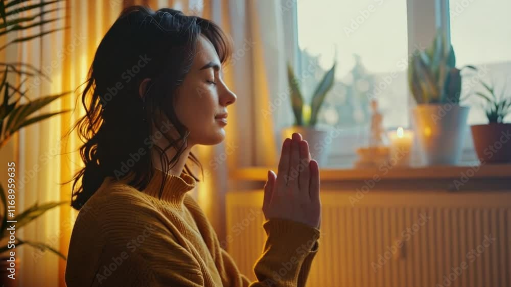 Poster warm sunlight filters through a window as a woman engages in meditation at home, creating a serene a