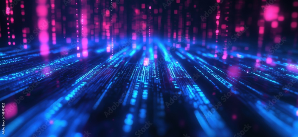 Poster digital data stream with vibrant blue and pink lights creating a futuristic atmosphere, representing
