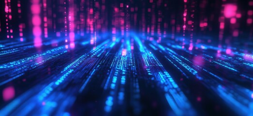 Digital data stream with vibrant blue and pink lights creating a futuristic atmosphere, representing technology, innovation, and virtual reality, copy space for text