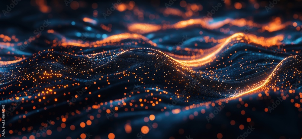 Poster abstract digital waves with glowing orange particles creating a mesmerizing visual effect in dark ba