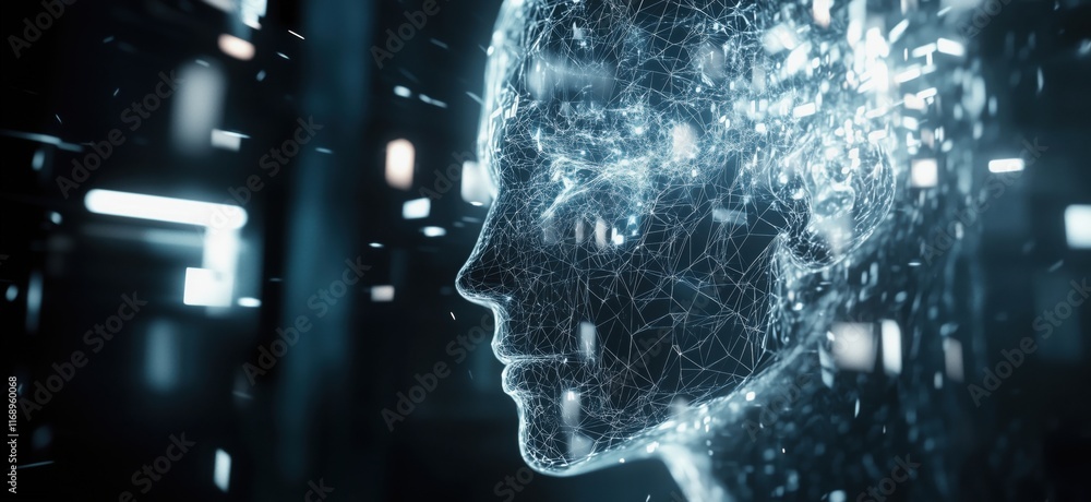 Poster digital human head silhouette composed of glowing particles and interconnected lines, representing a