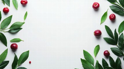 Fresh Cherries and Green Leaves Frame on White Background