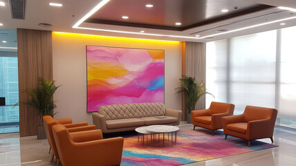 modern corporate relaxation area featuring abstract art, vibrant colors, and comfortable seating