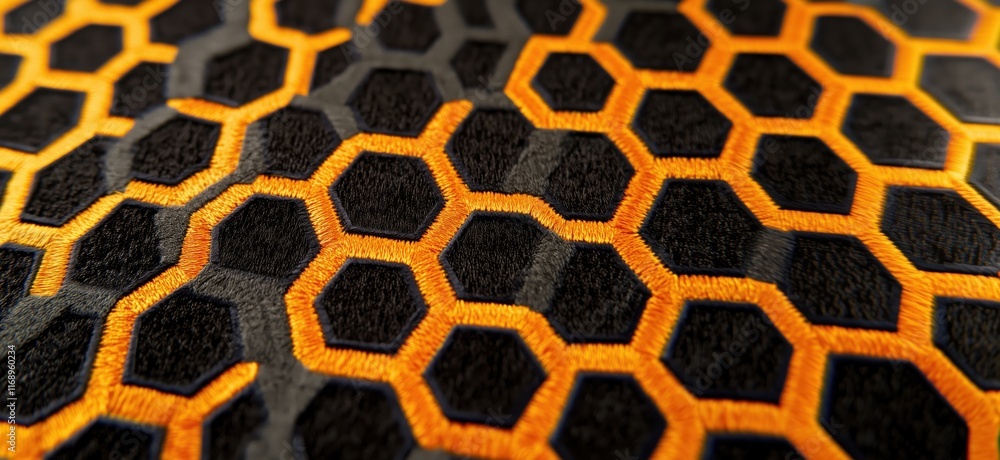 Poster honeycomb pattern design in vibrant orange and black colors, showcasing intricate hexagonal shapes a