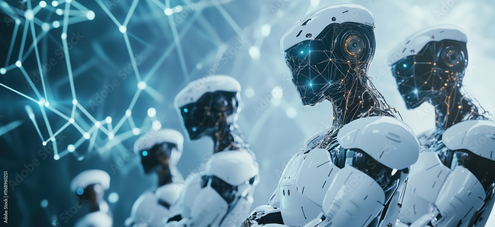 Poster futuristic humanoid robots with advanced technology and intricate designs, showcasing artificial int