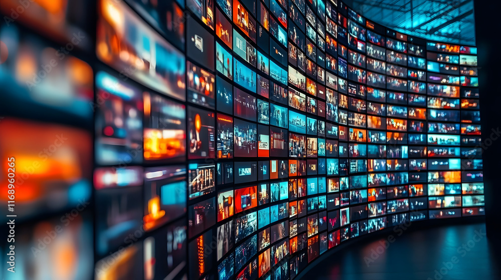Poster a multitude of vibrant screens in a curved display showing various news and media broadcasts in a mo