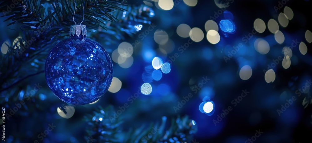 Poster blue christmas ornament hanging on tree with blurred blue bokeh lights in background, creating a fes